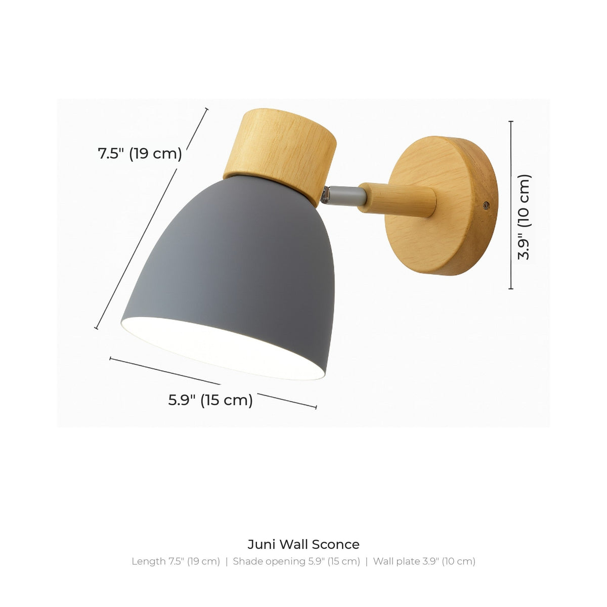 Juni wall sconce dimensions: 7.5 inches long, 5.9 inch shade, 3.9 inch wall plate