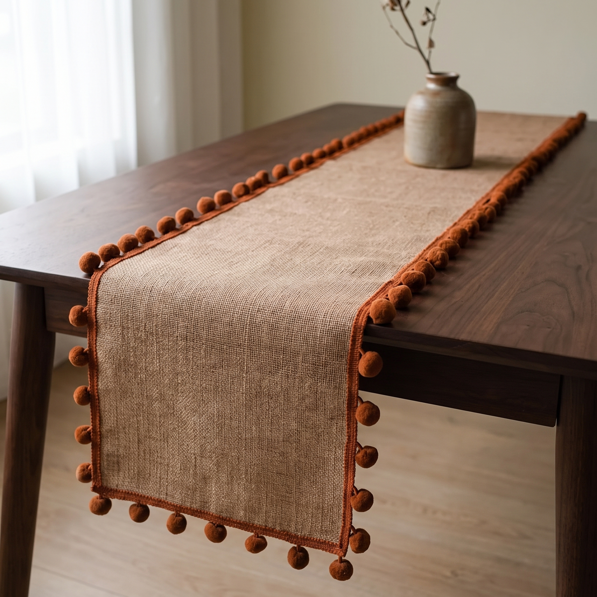 Jute table runner with rust orange pom pom trim on a dark walnut dining table