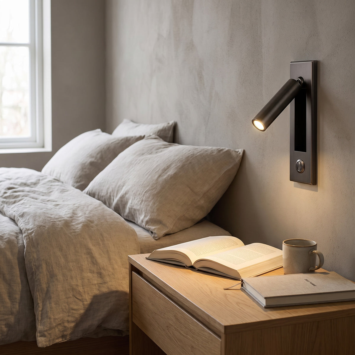 Kaia LED reading wall light mounted on a painted bedroom wall above a nightstand