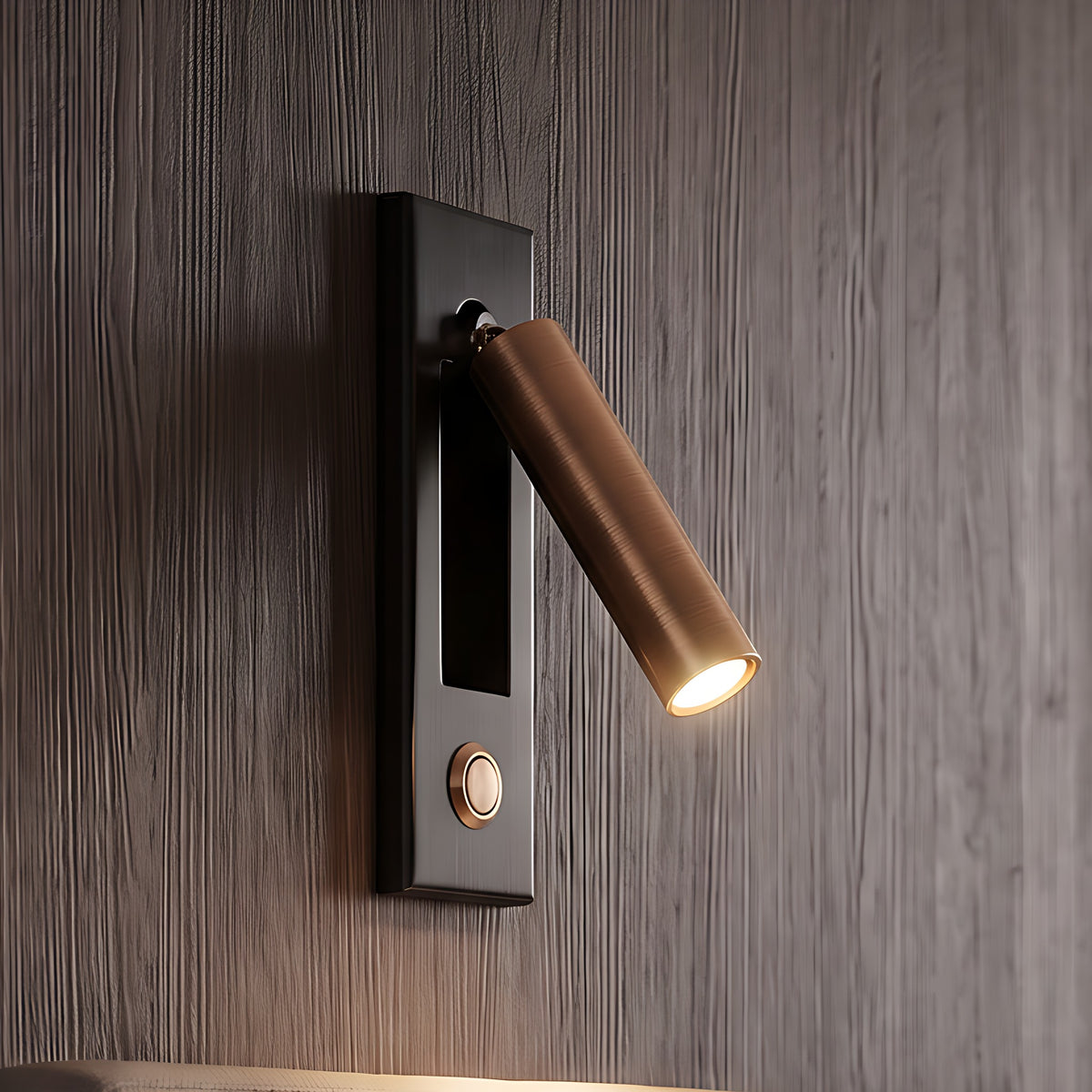 Kaia LED reading wall light, round, push button, black and copper finish