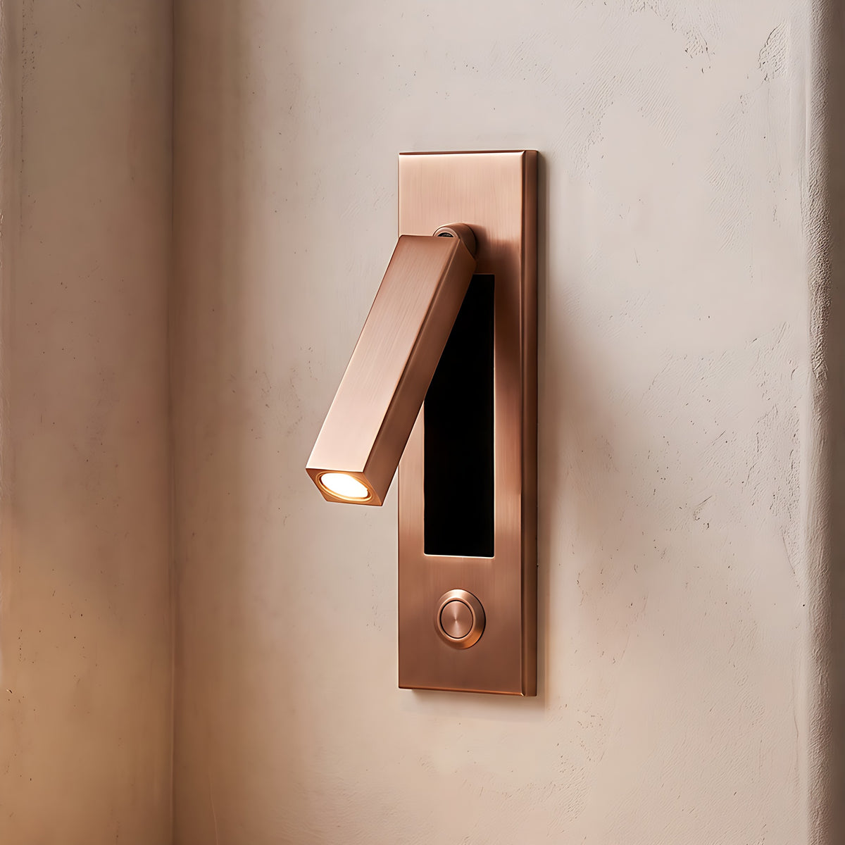 Kaia LED reading wall light, square, push button, copper finish