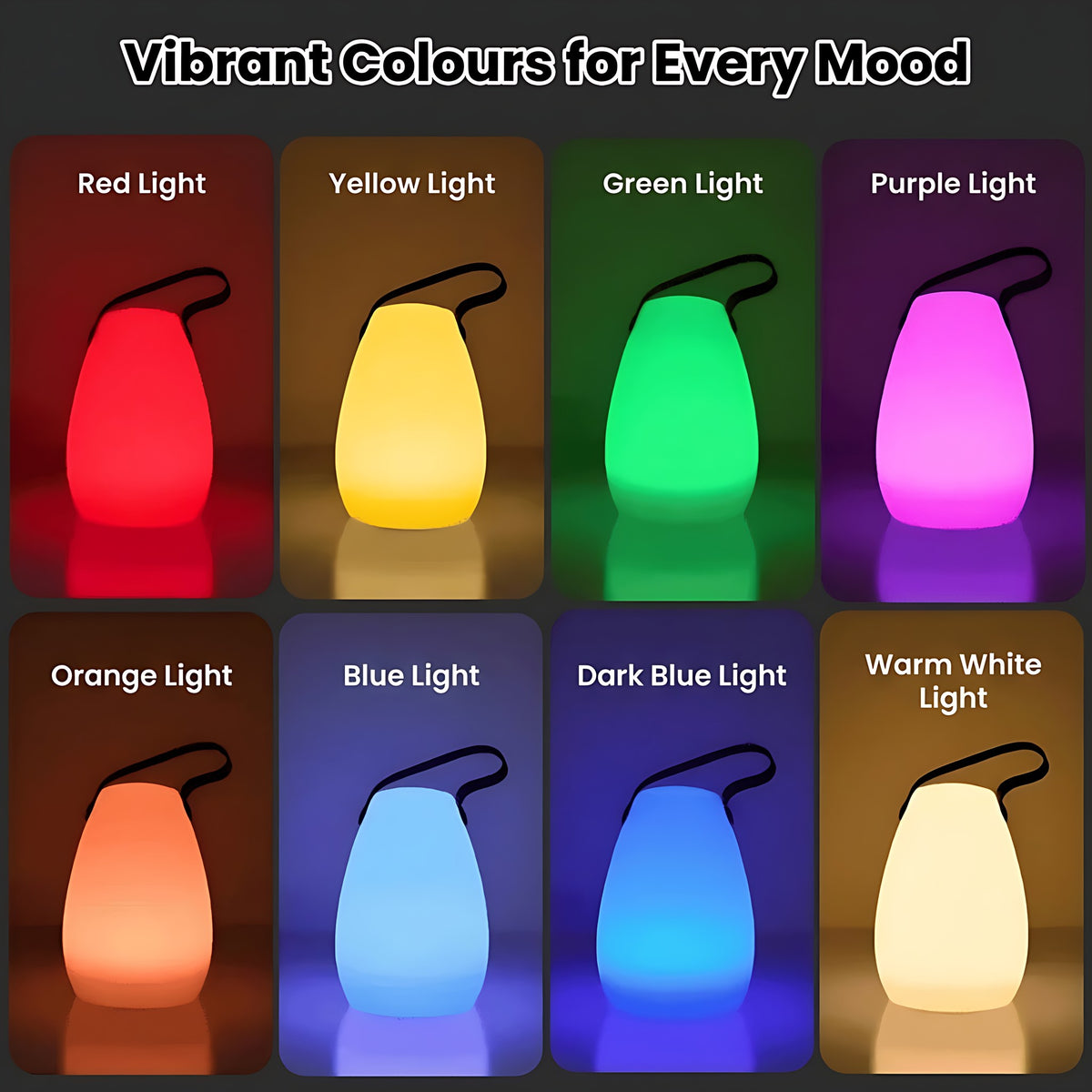 Kari cordless lamp shown in eight of its light colors