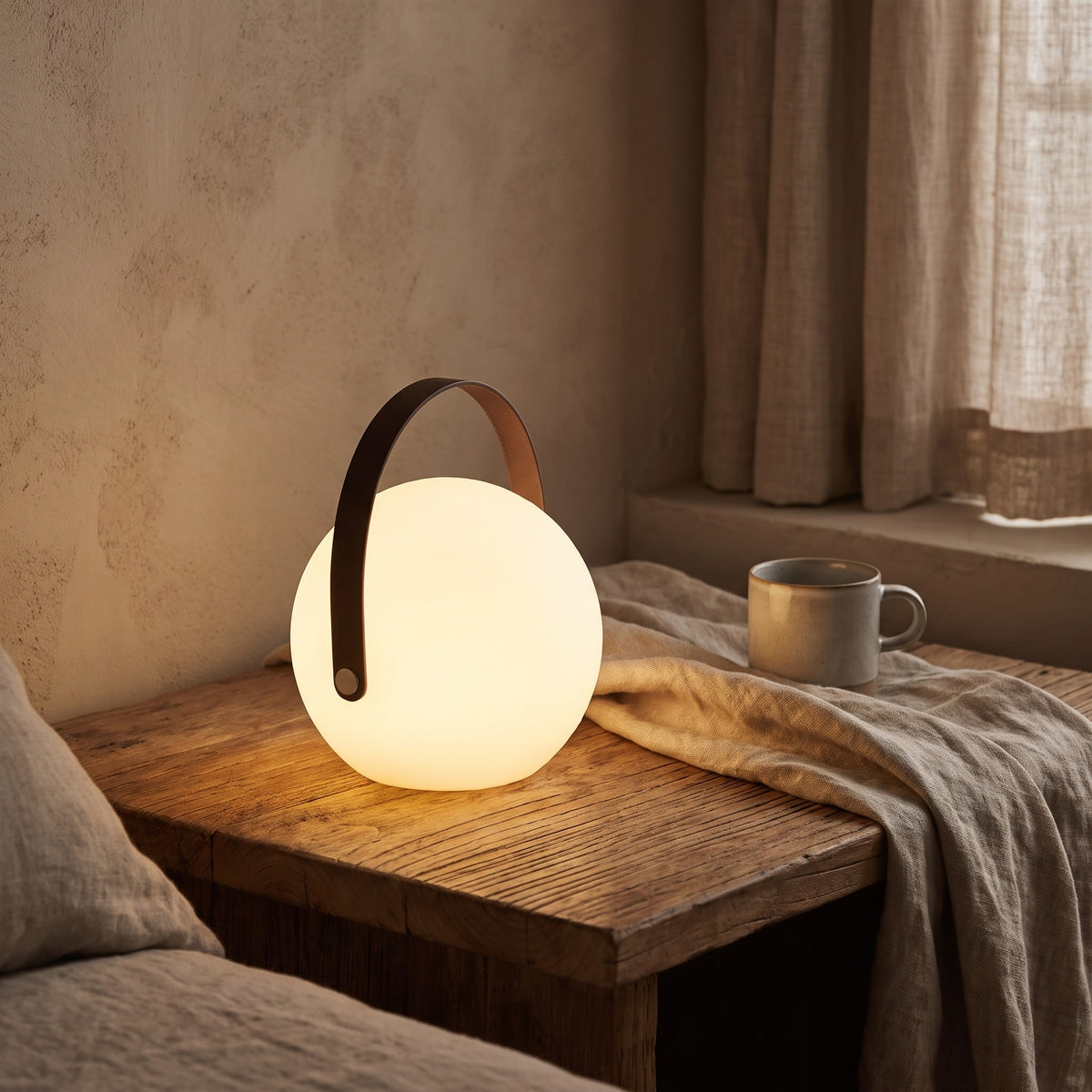Globe Kari cordless lamp glowing on a wooden bench by a window