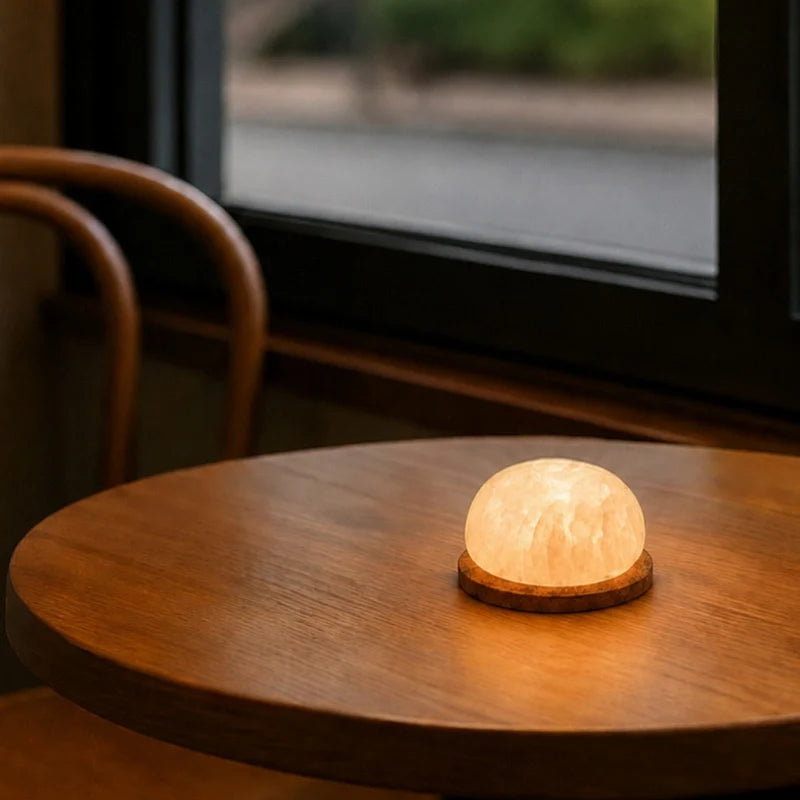 Kvist dome light in Alabaster lit on a round wood table