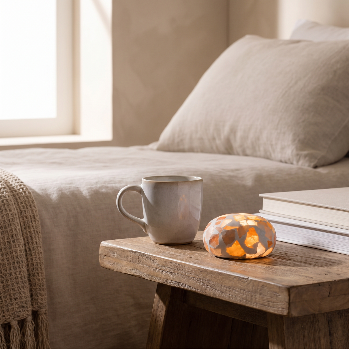 Kvist dome light on a nightstand beside a ceramic cup