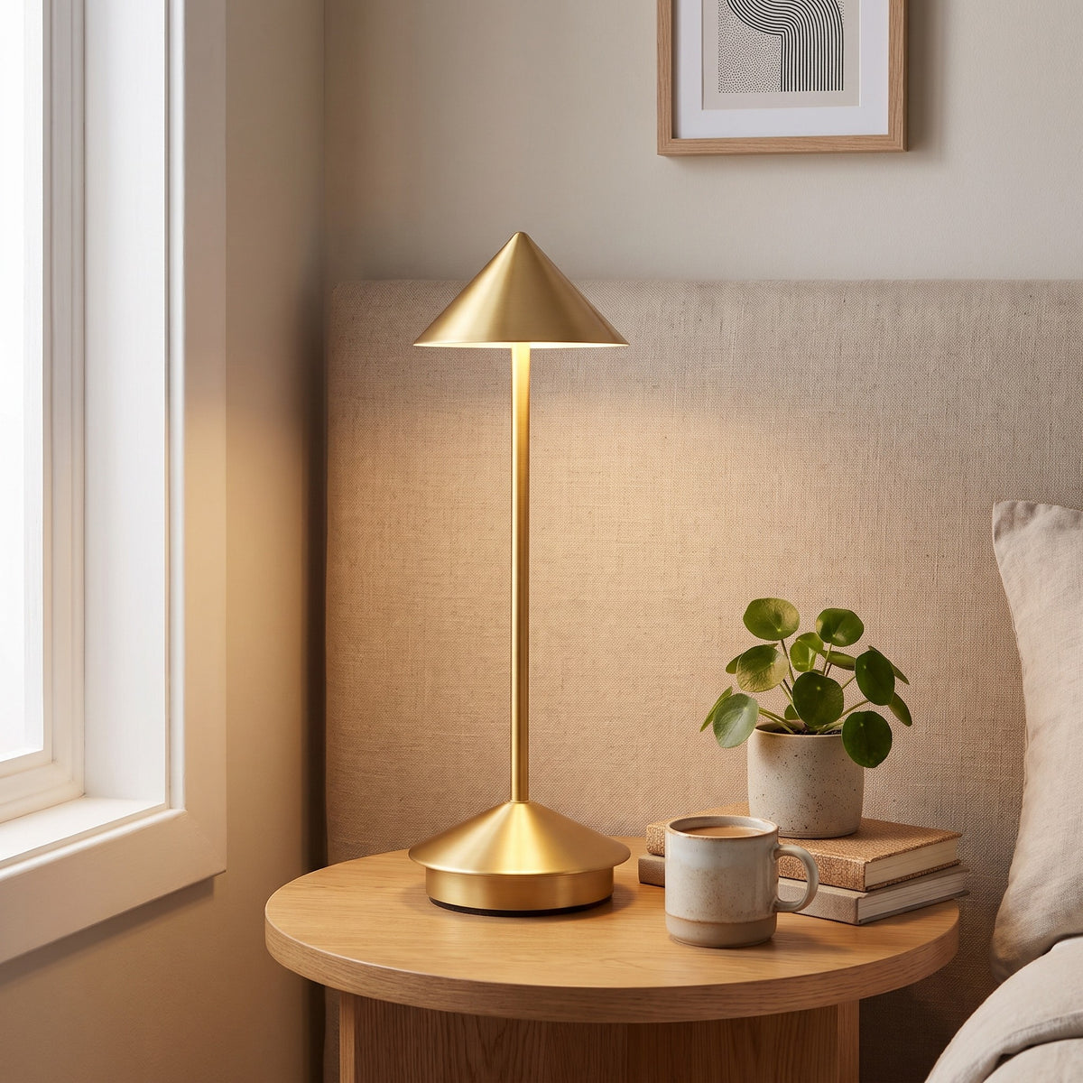 Gold Lene cordless table lamp lit on a round side table by a bed