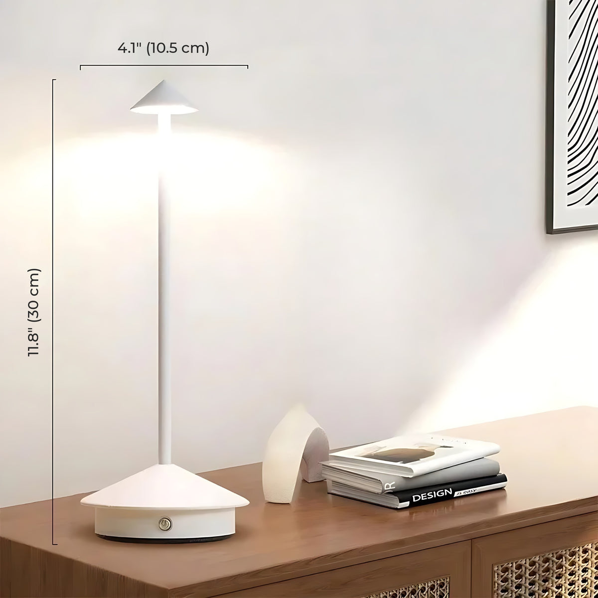 White Lene cordless table lamp lit on a sideboard