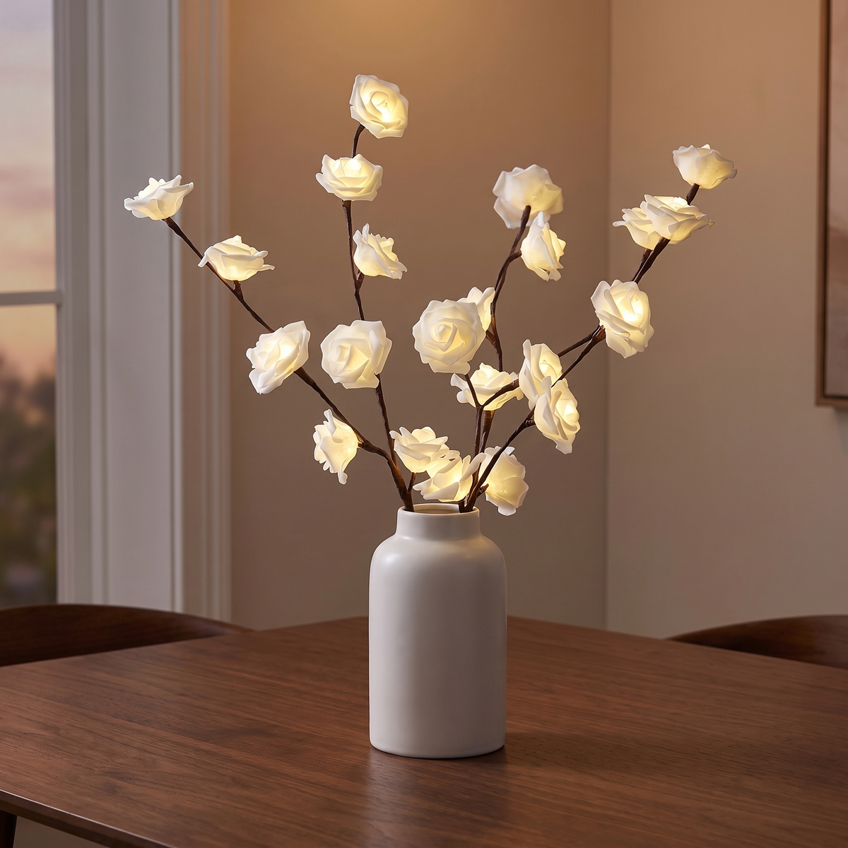 Lighted rose branches bent outward in a white vase on a dining table