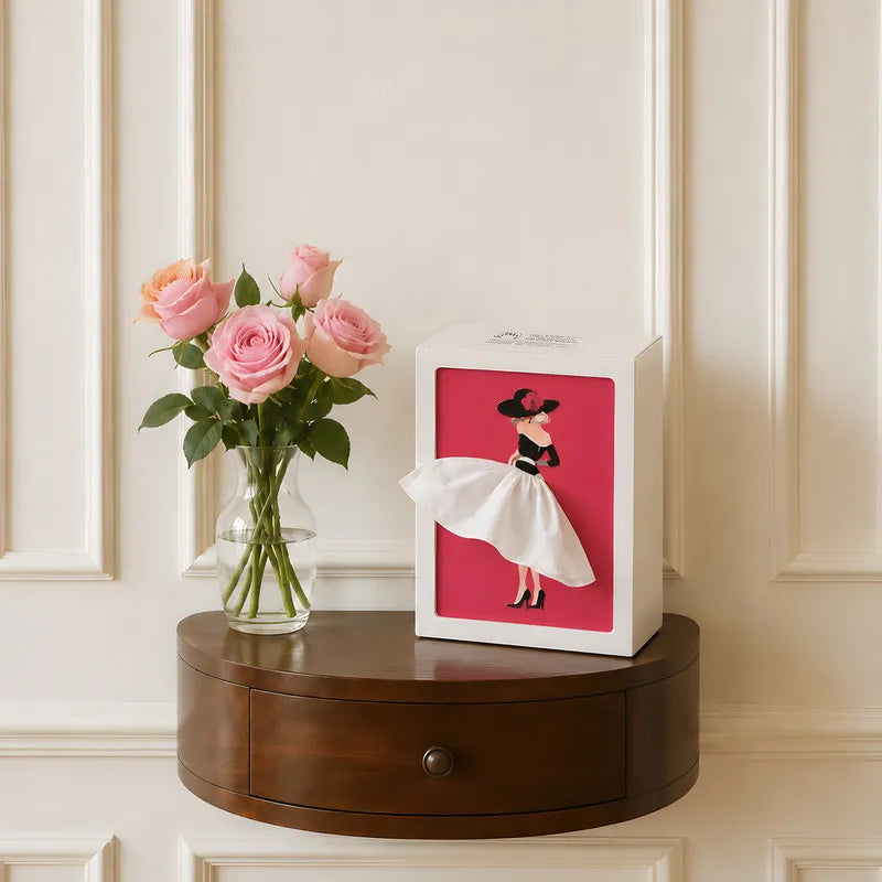 Lighted tissue box in Couture on a round wood table