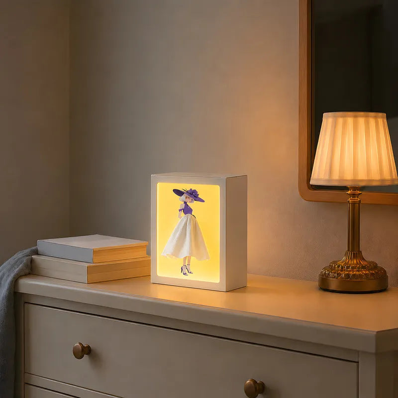 Lighted tissue box in Couture on a white dresser