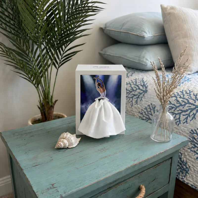 Lighted tissue box in Ballerina on a blue nightstand