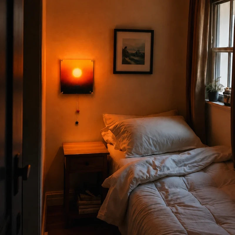 Lyng sunset wall light in a small bedroom at night