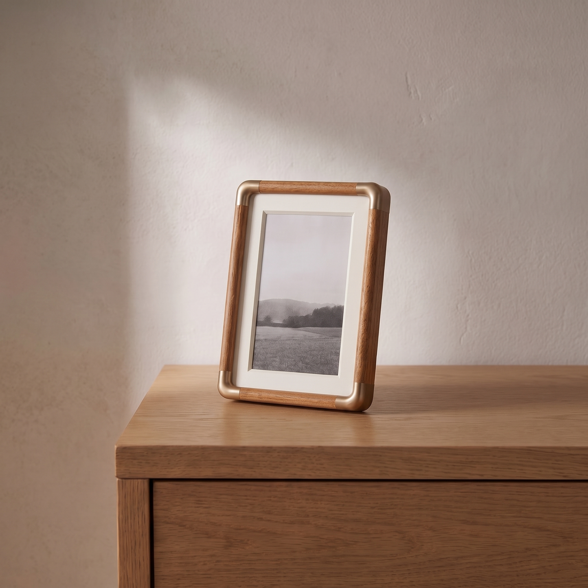 Mabel teak photo frame with brass tone corners standing on an oak dresser