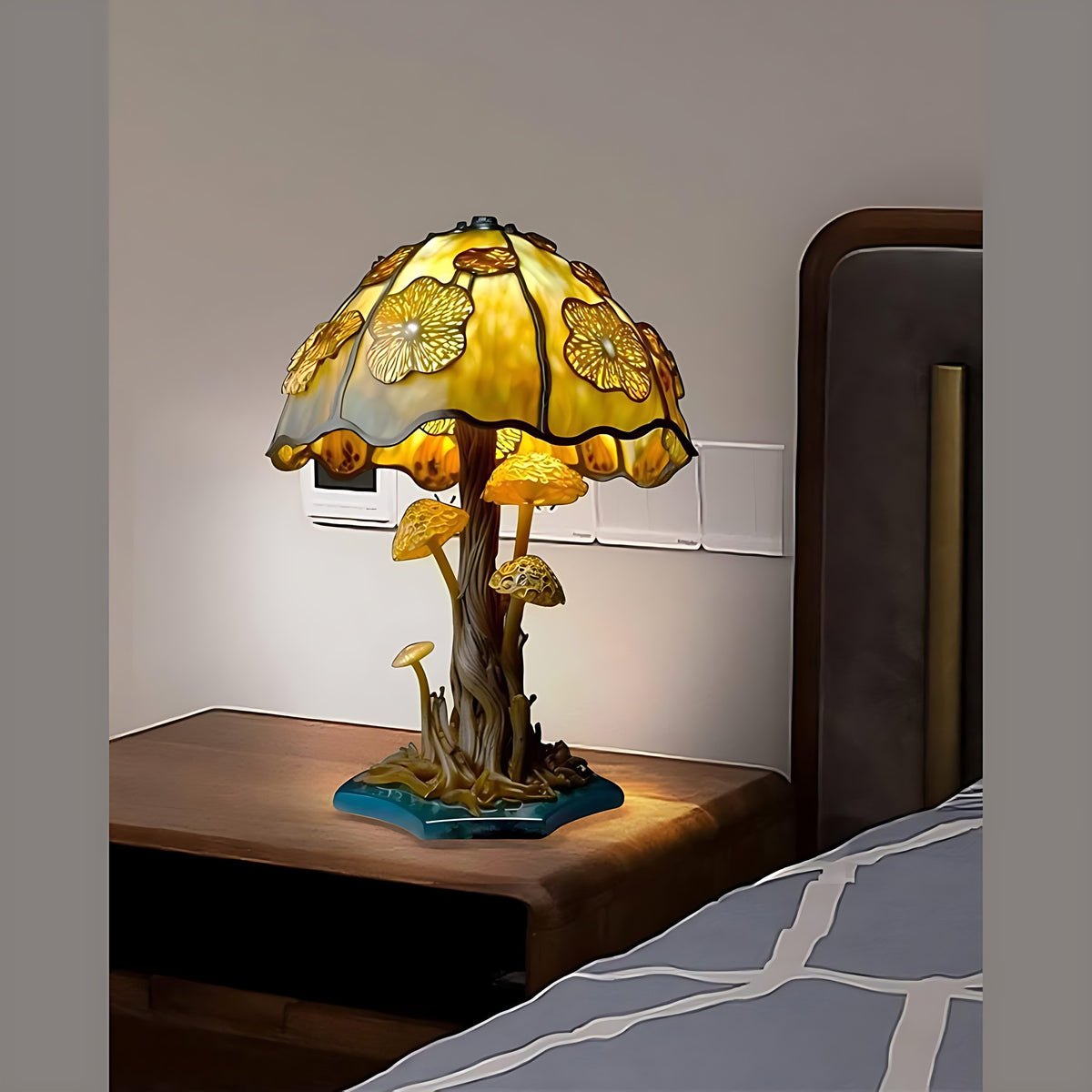 Yellow Flower Majken mushroom lamp on a nightstand
