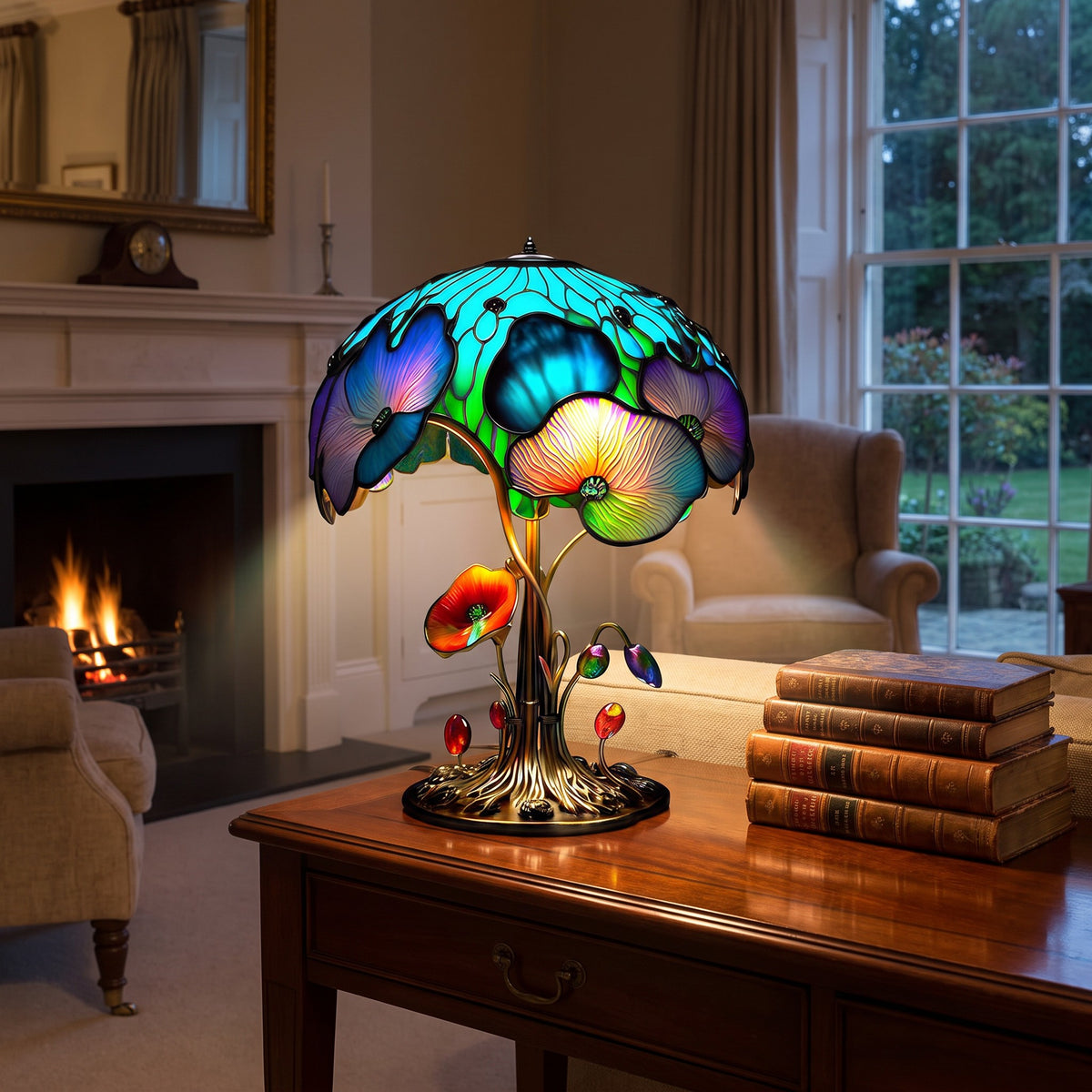 Flowering Majken mushroom lamp lit on a desk by a fireplace