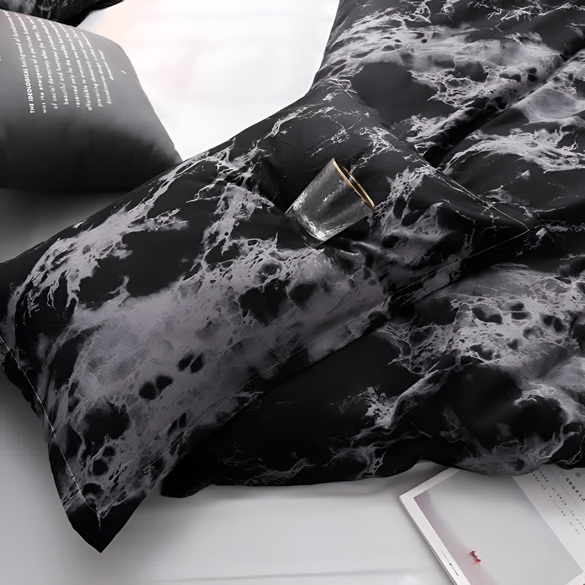 Close view of the black marble pillowcase print