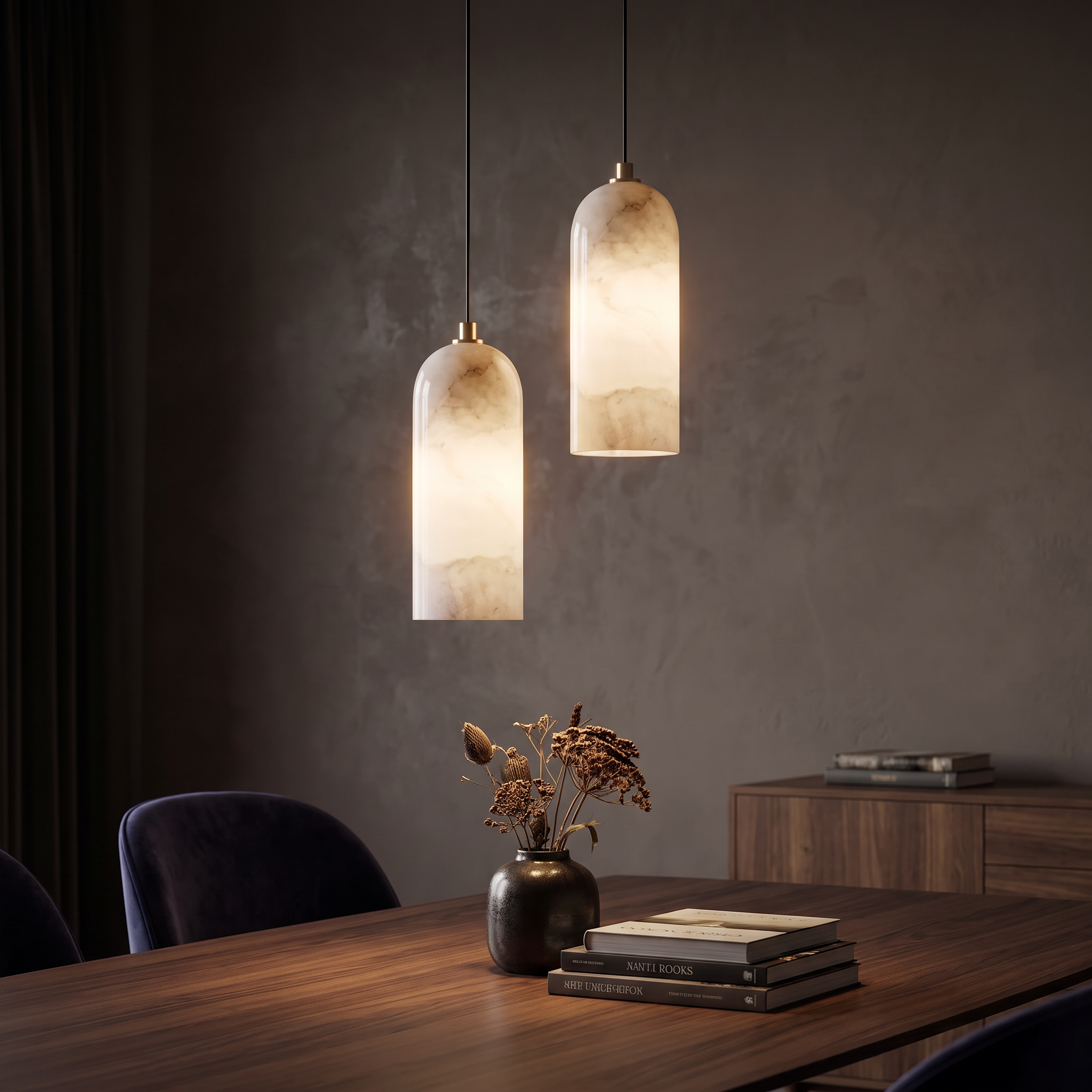 Mid-Century Marble and Copper Pendant Light, Adjustable Cord