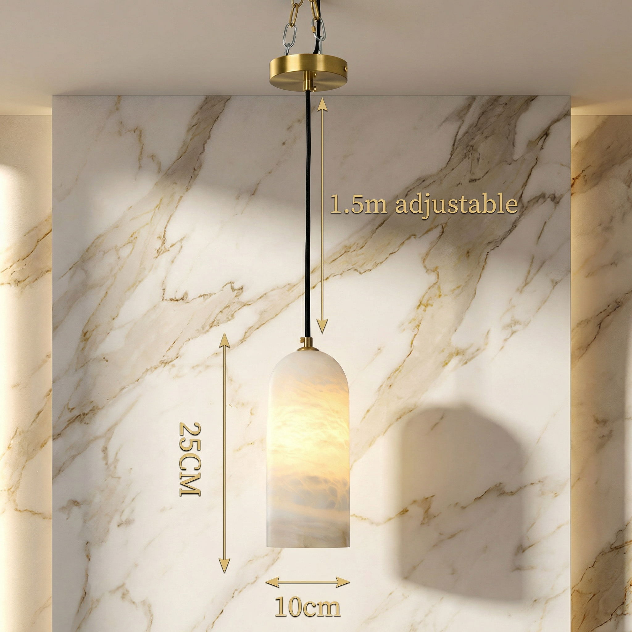 Mid-Century Marble and Copper Pendant Light, Adjustable Cord