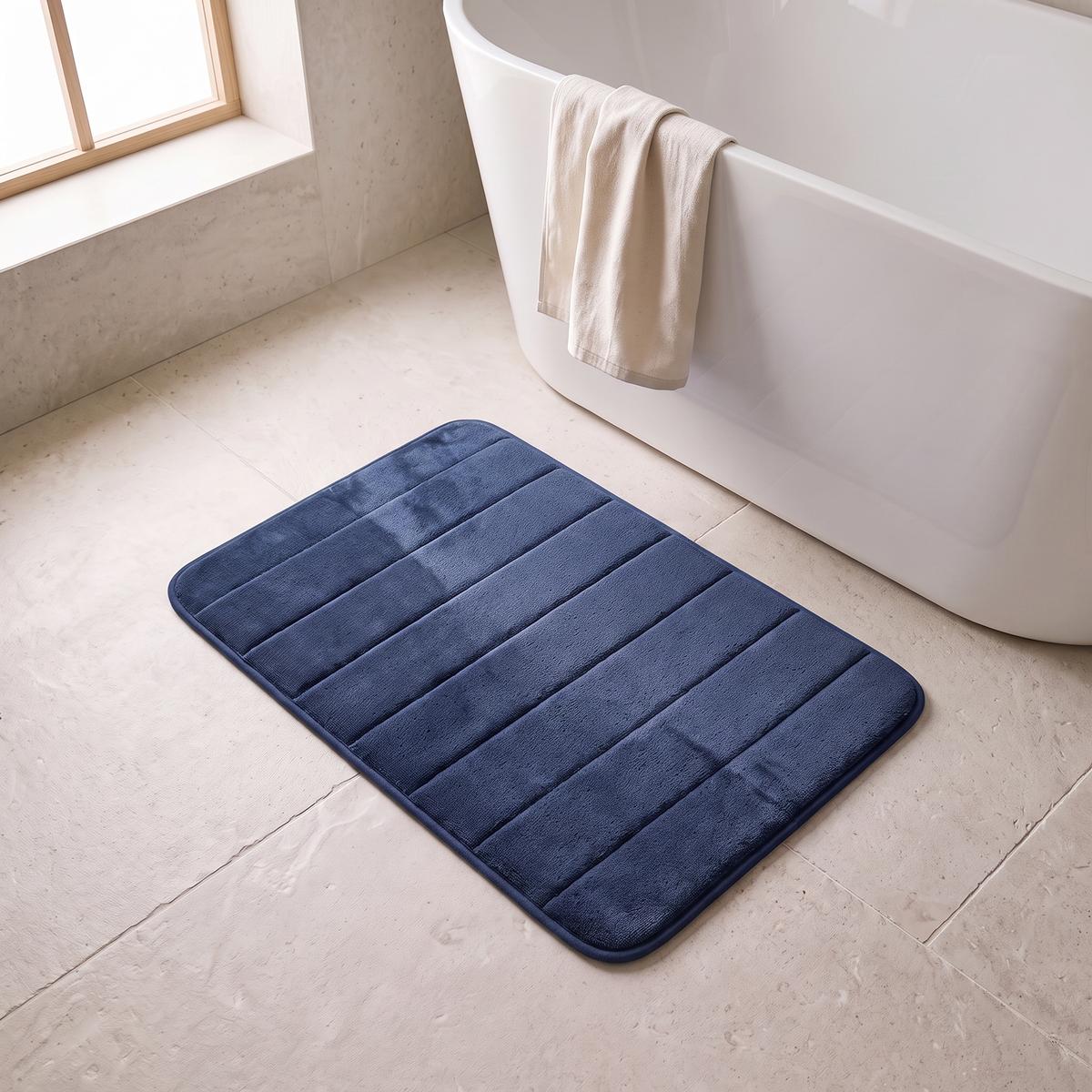 Microfiber bath mat in dark blue on a stone floor beside a bathtub
