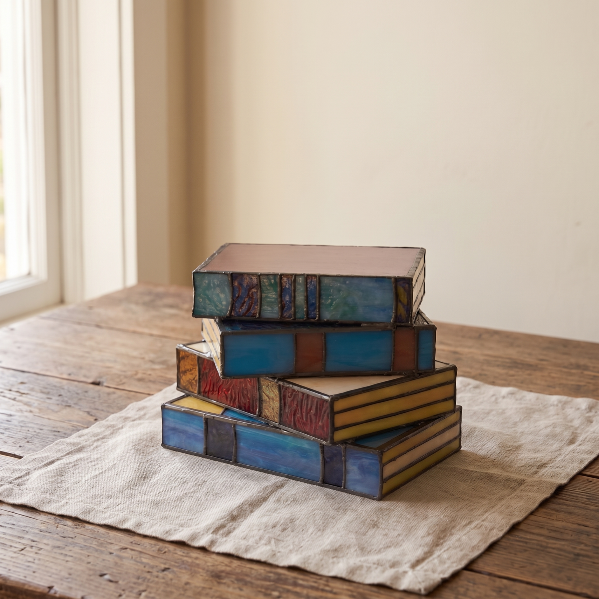 Molde stained glass book lamp on a rug beside a window
