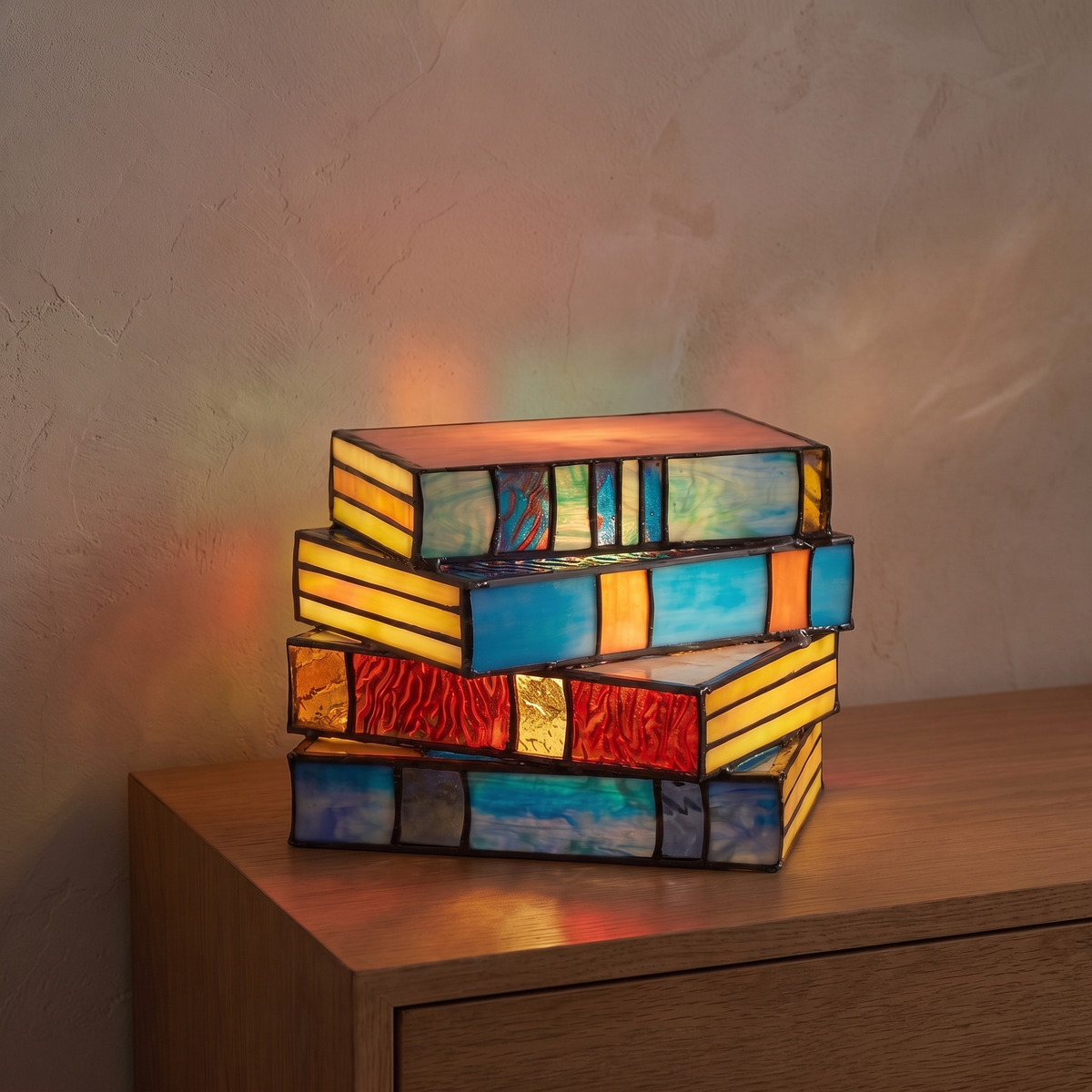 Molde stained glass book stack lamp lit on an oak nightstand