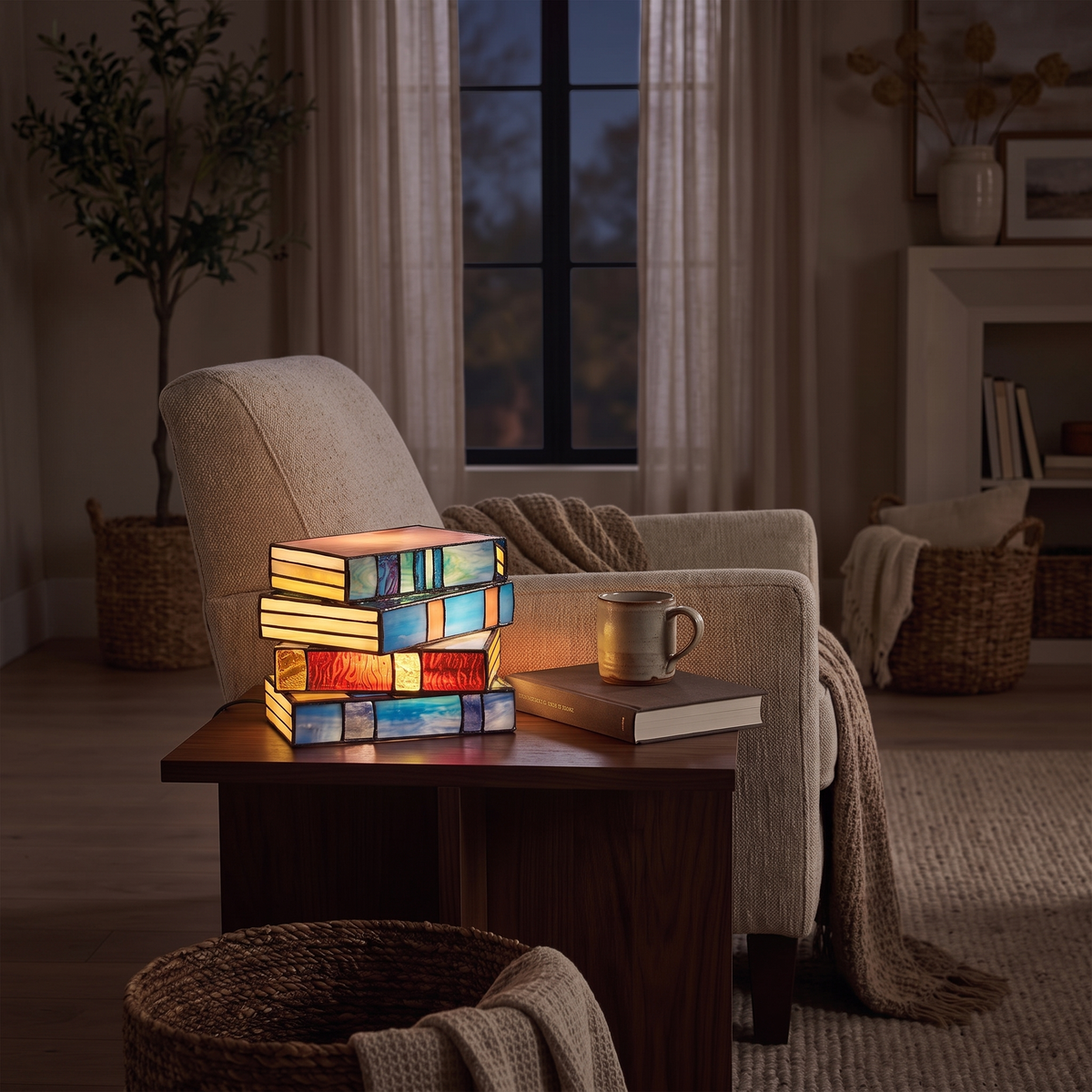 Molde stained glass book lamp glowing on a side table beside a reading chair