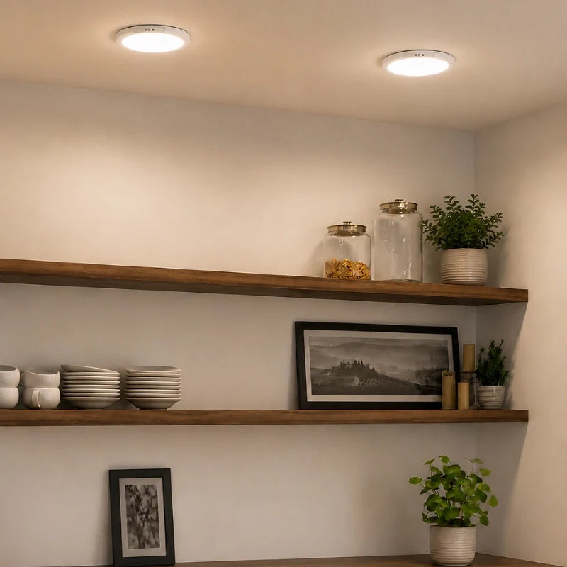 Two motion lights on a ceiling above open shelves