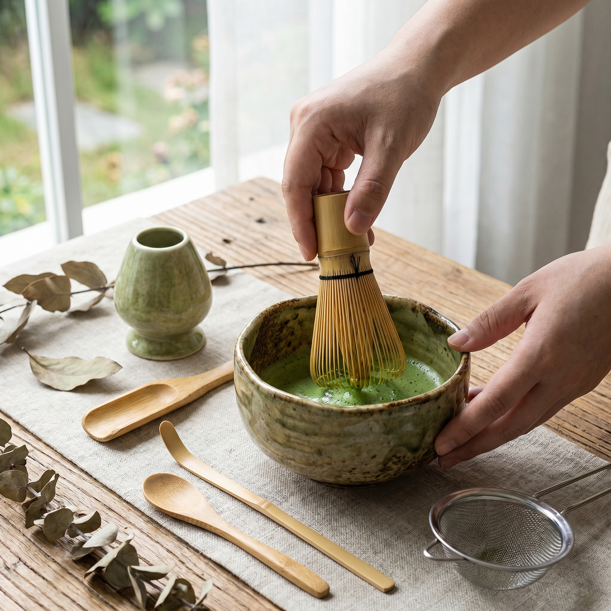 Matcha Tea Set, 6-Piece, Ceramic Bowl and Bamboo Whisk, Japanese Style
