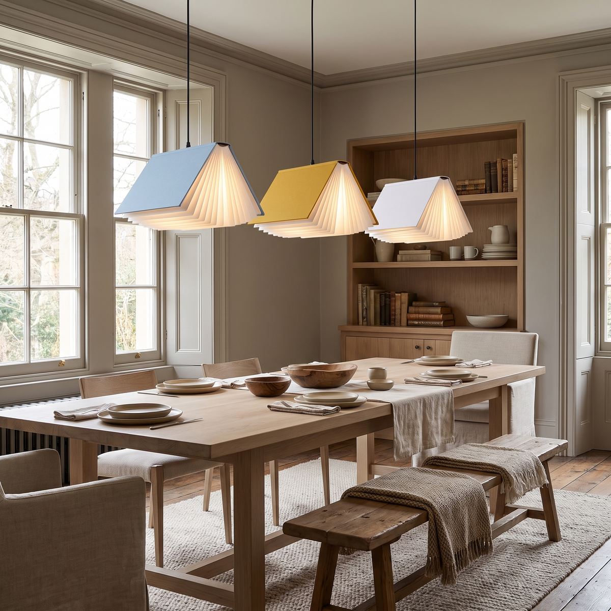 Three book pendant lights in blue, yellow and white hung in a row over an oak dining table