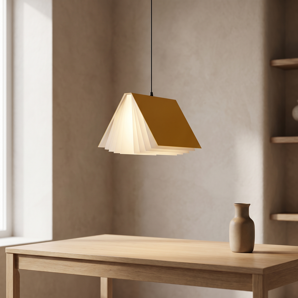 Nesna book pendant light in mustard yellow hanging above a light oak desk in a quiet study