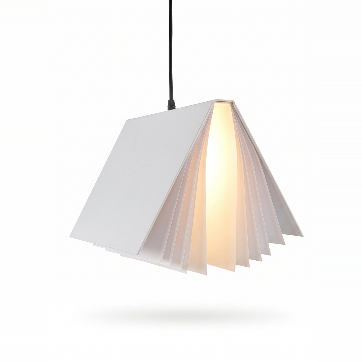 White book pendant light lit on a white background