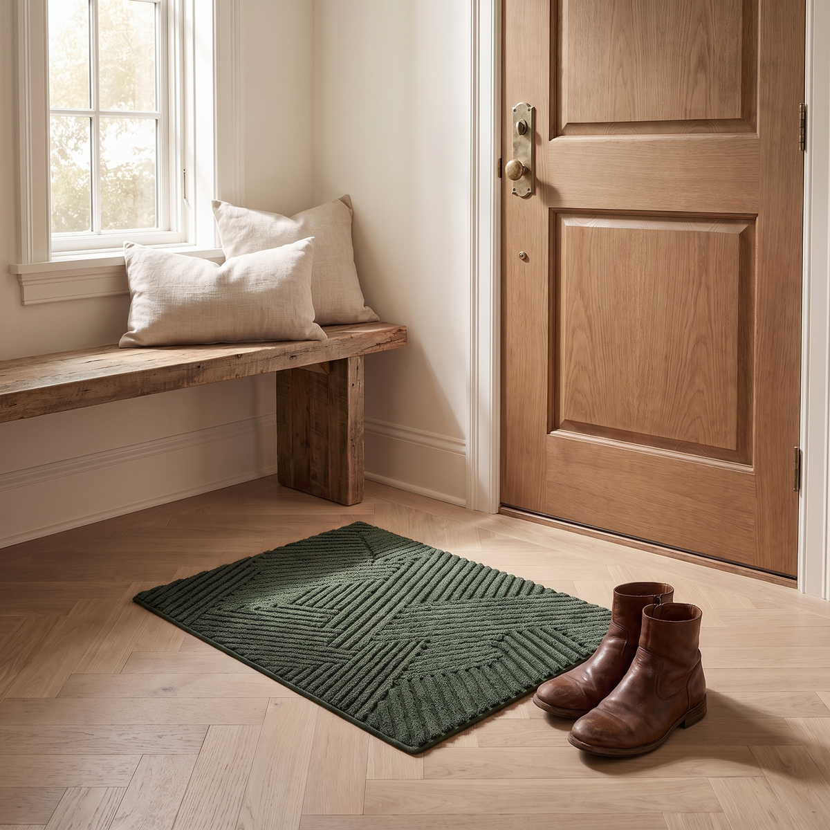 Green door mat inside a front door with boots beside it