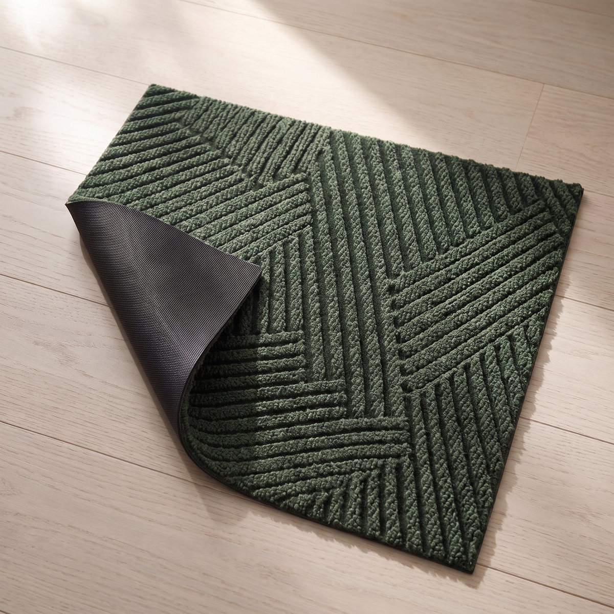 Corner of the door mat folded back to show the rubber non slip backing