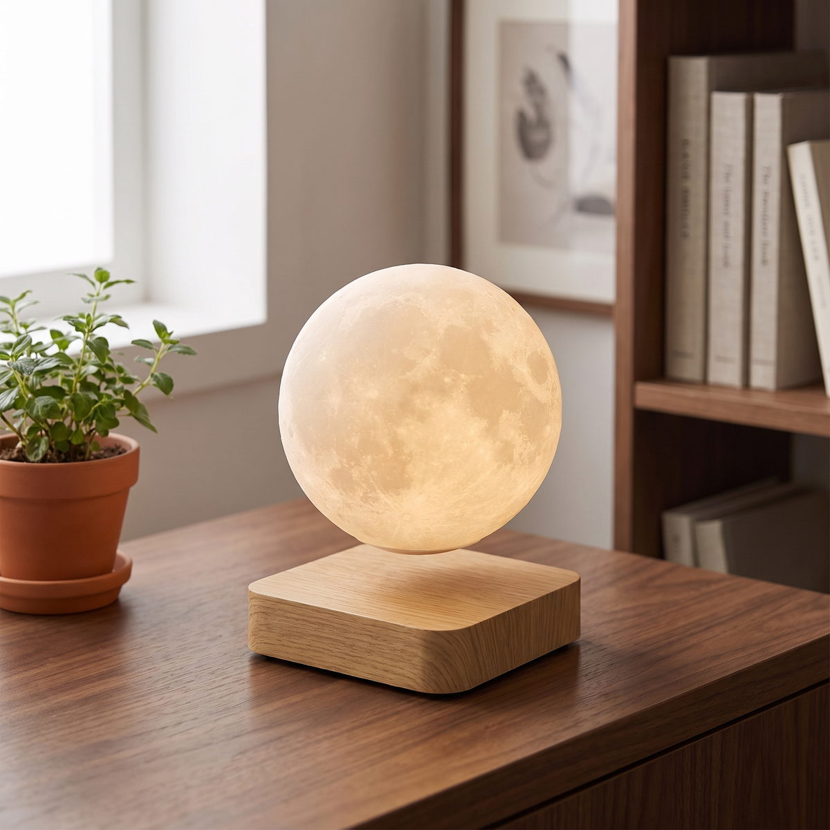 Orsa levitating lamp, moon on an oak base