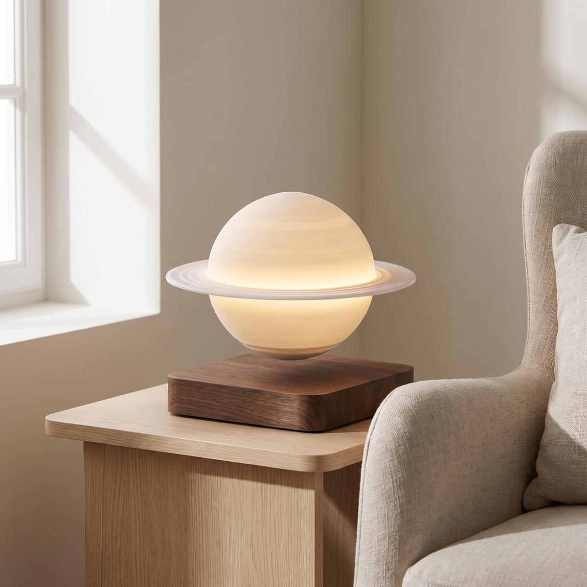 Orsa levitating lamp, Saturn on a walnut base