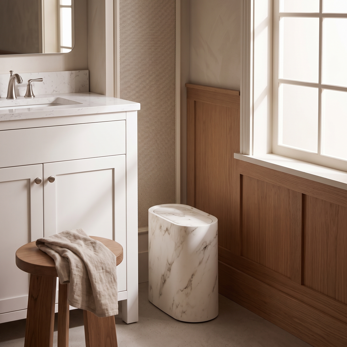 Cream marble waste bin in a bathroom corner beside a vanity