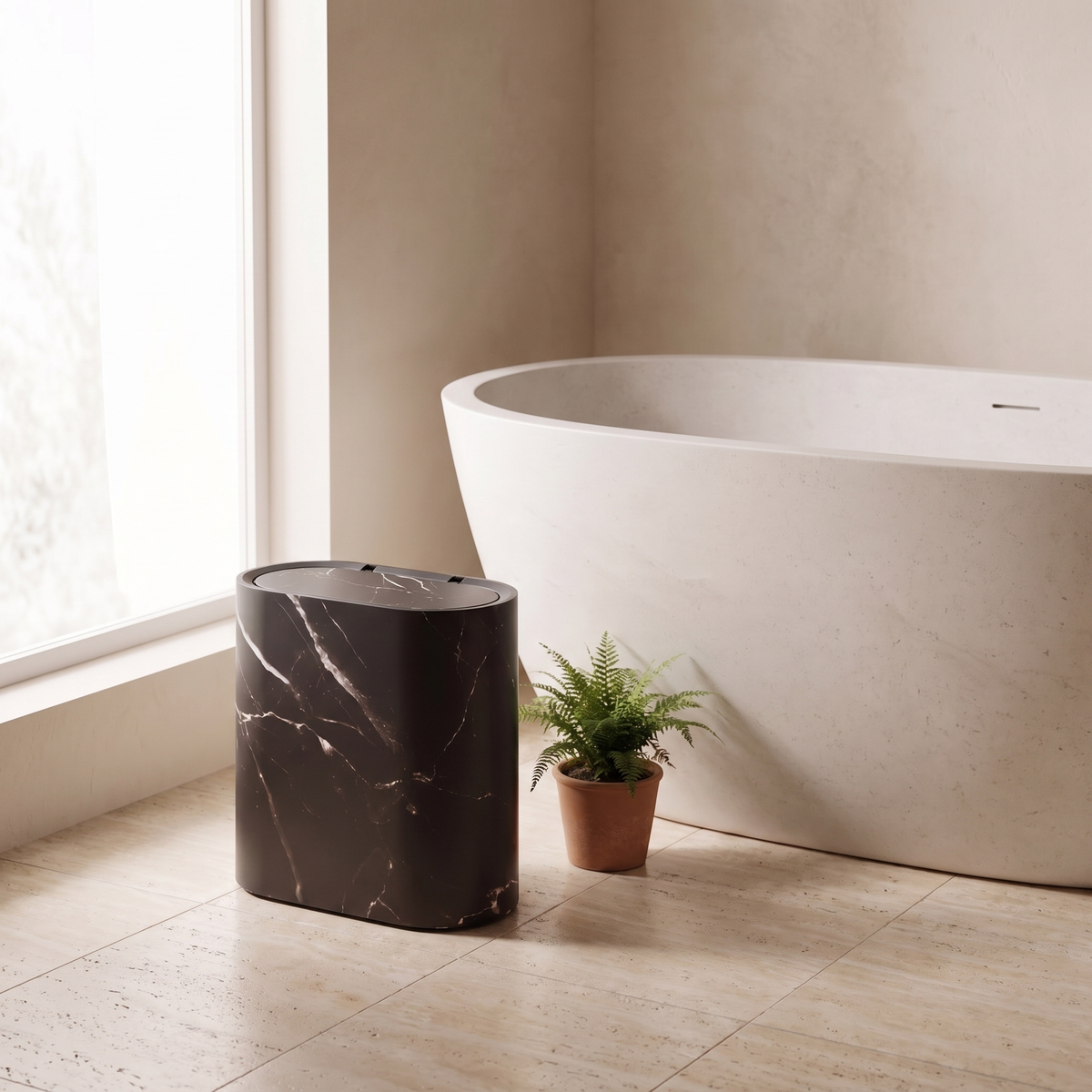 Black marble waste bin with lid beside a bathtub