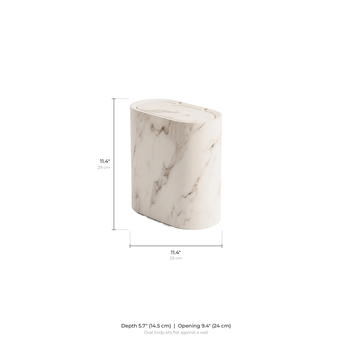 Waste bin dimensions: 11.4 inch height and width, 5.7 inch depth