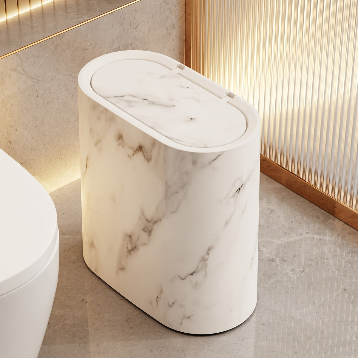 Wood grain oval waste bin beside a cream marble bin in a bathroom
