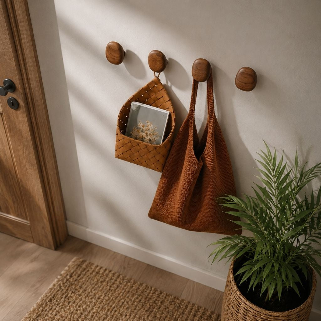 Pebble wall hooks in a hallway with a bag and a woven basket