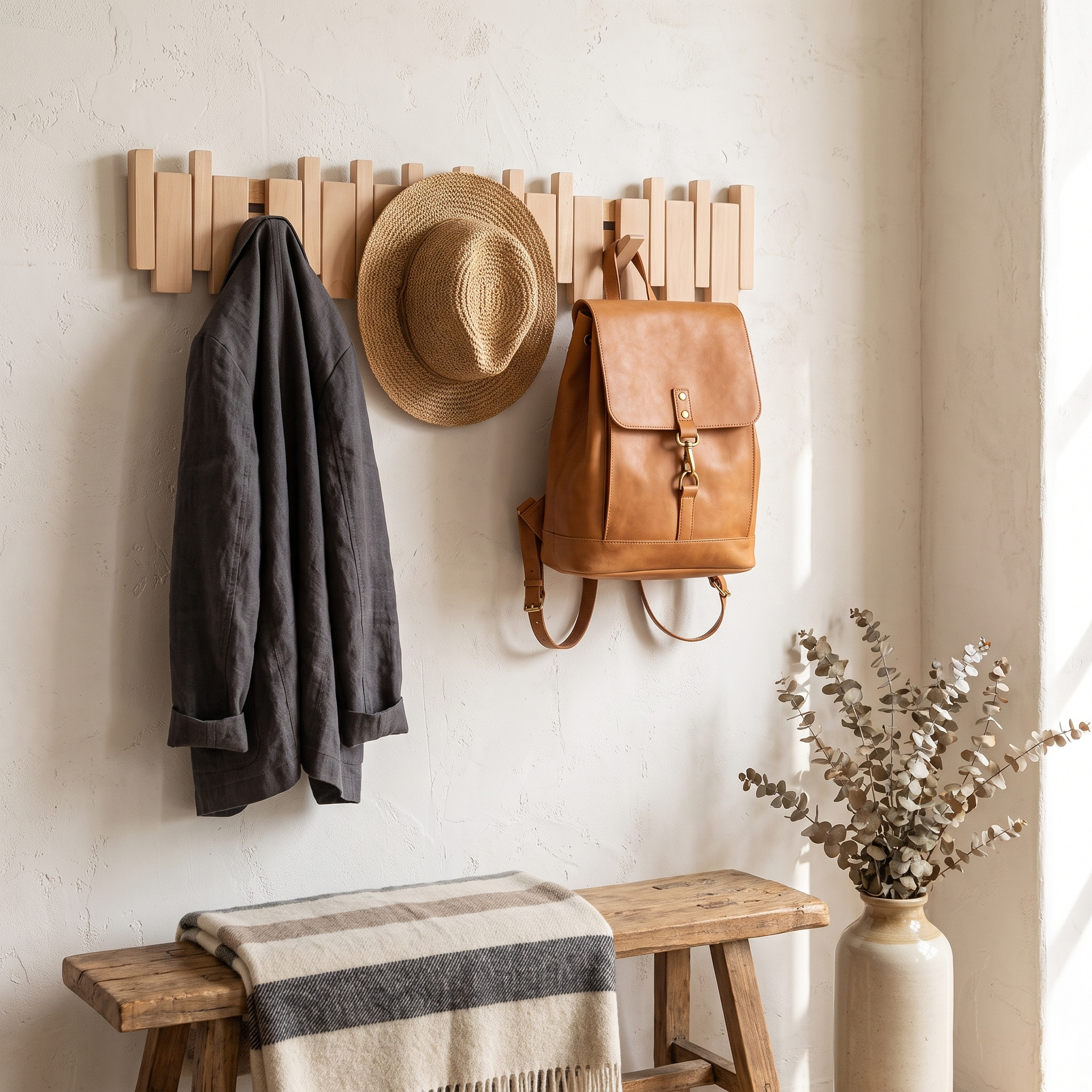 Piano Key Wall Coat Rack, Solid Oak Wood, Beech or Walnut, 4 to 12 Hooks