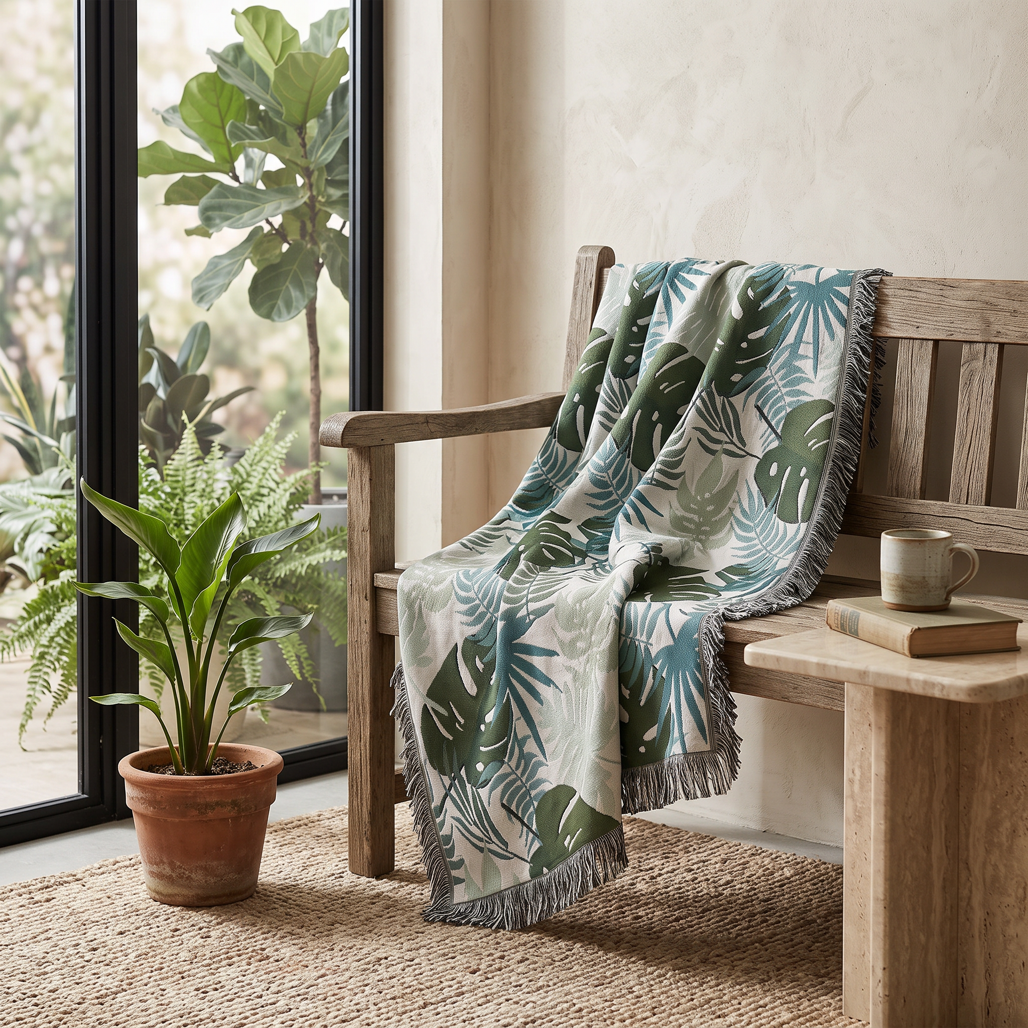 Palm Leaves Sofa Cover, Reversible Tassel Blanket