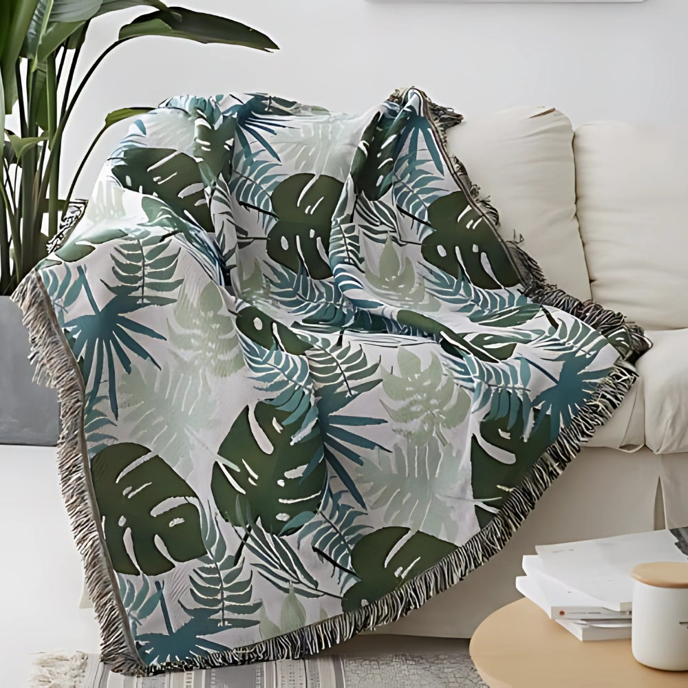 Palm Leaves Sofa Cover, Reversible Tassel Blanket