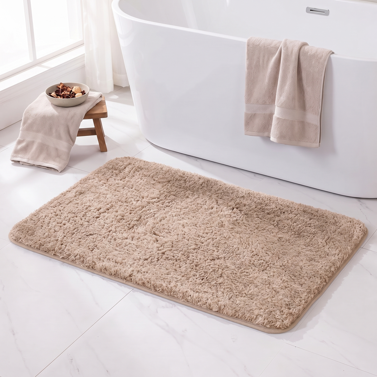 Beige shag bath rug