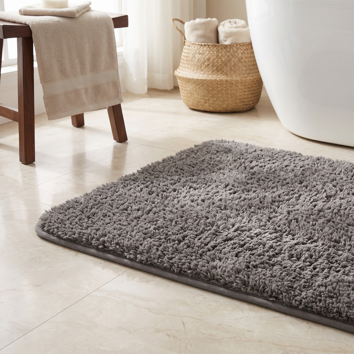Close view of the deep gray microfiber shag pile