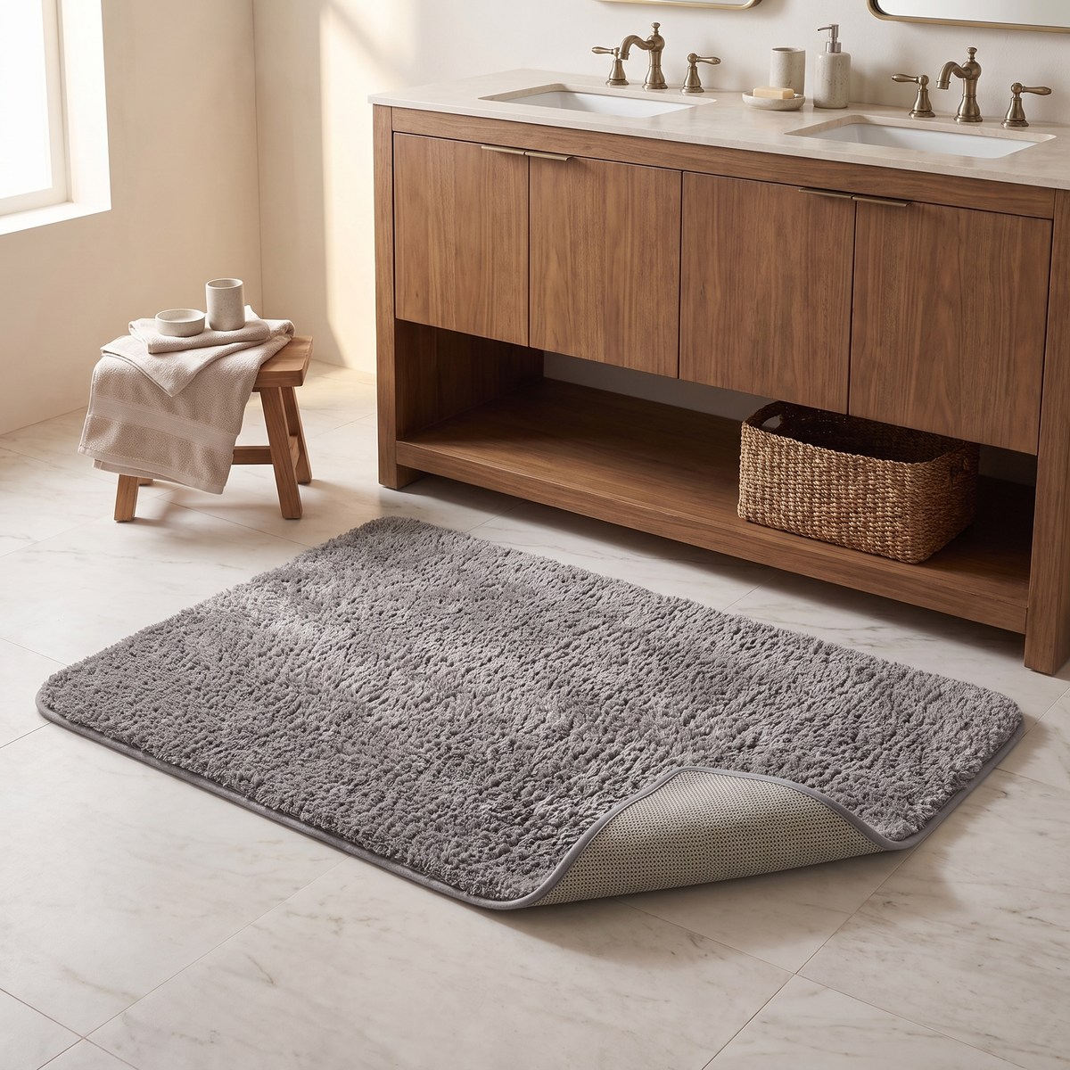 Gray shag bath rug by a double vanity with a corner turned up