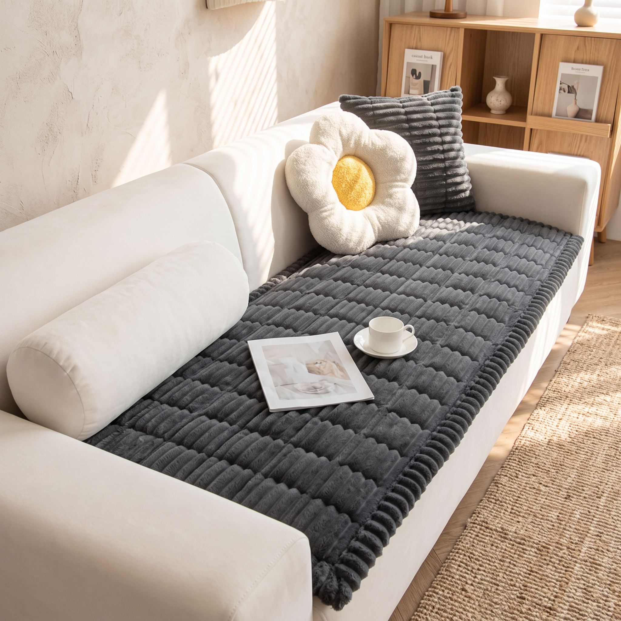 Plush Pleated Edge Sofa Cover, Thick Flannel