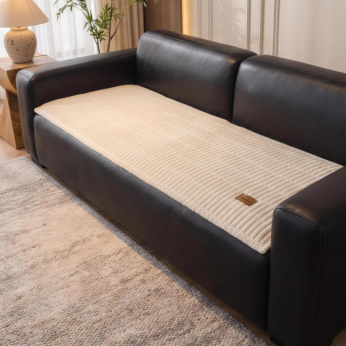 Cream quilted couch cover lying along the seat of a black leather sofa in a living room