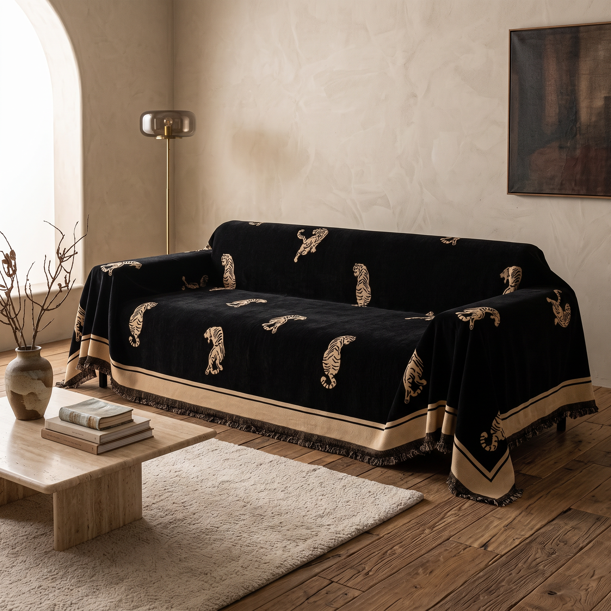 Reversible Chenille Sofa Cover, Tiger Motif, Fringed