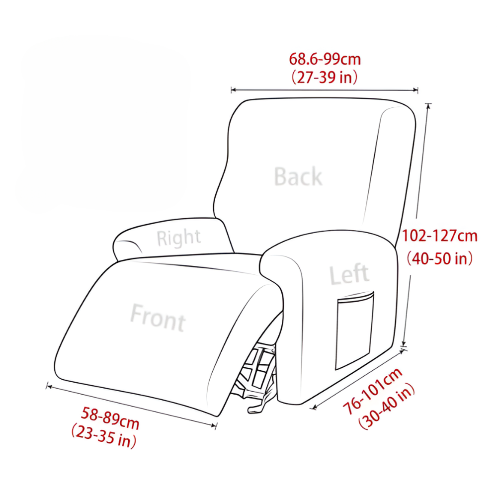 Line drawing of the recliner chair cover with the backrest, height, depth and seat width ranges it fits